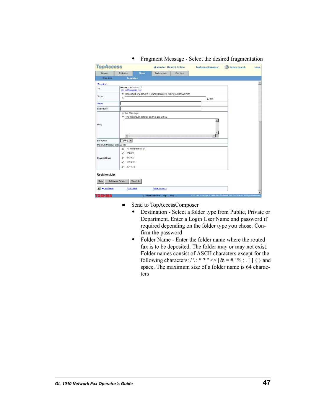 Toshiba manual GL-1010 Network Fax Operator’s Guide 