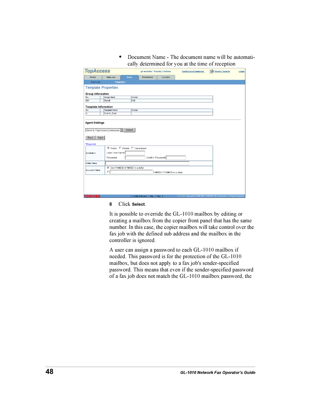 Toshiba manual GL-1010 Network Fax Operator’s Guide 