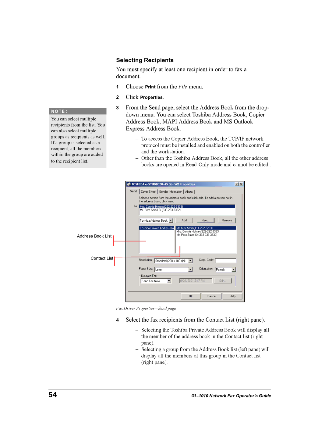 Toshiba GL-1010 manual Selecting Recipients, Select the fax recipients from the Contact List right pane 