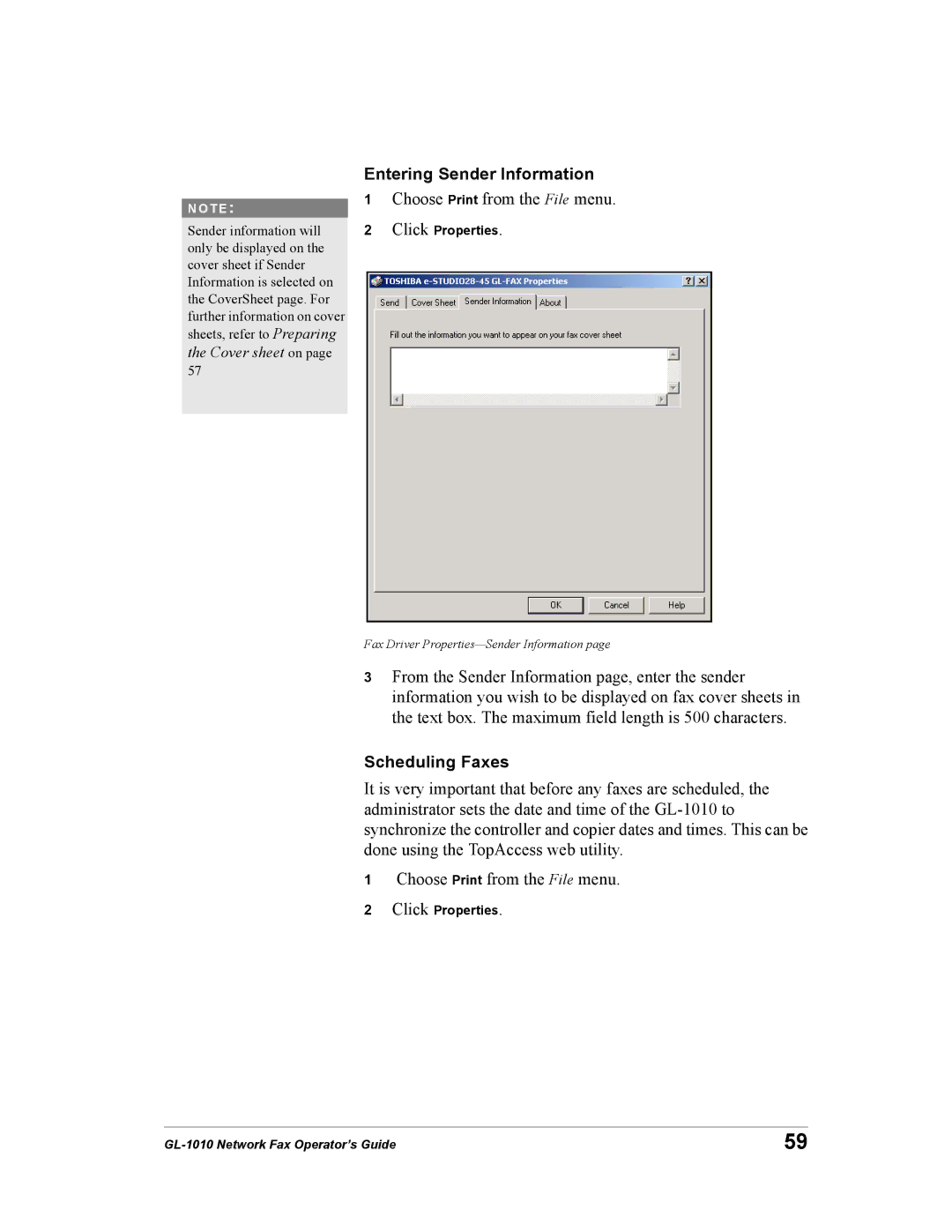 Toshiba GL-1010 manual Entering Sender Information, Scheduling Faxes 