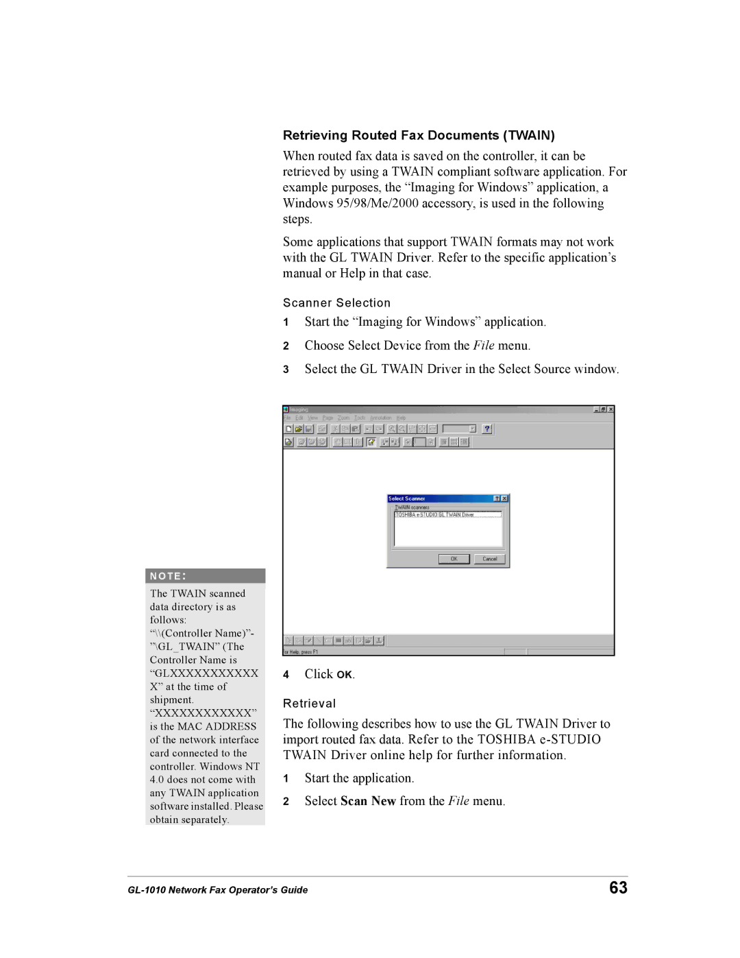 Toshiba GL-1010 manual Retrieving Routed Fax Documents Twain 