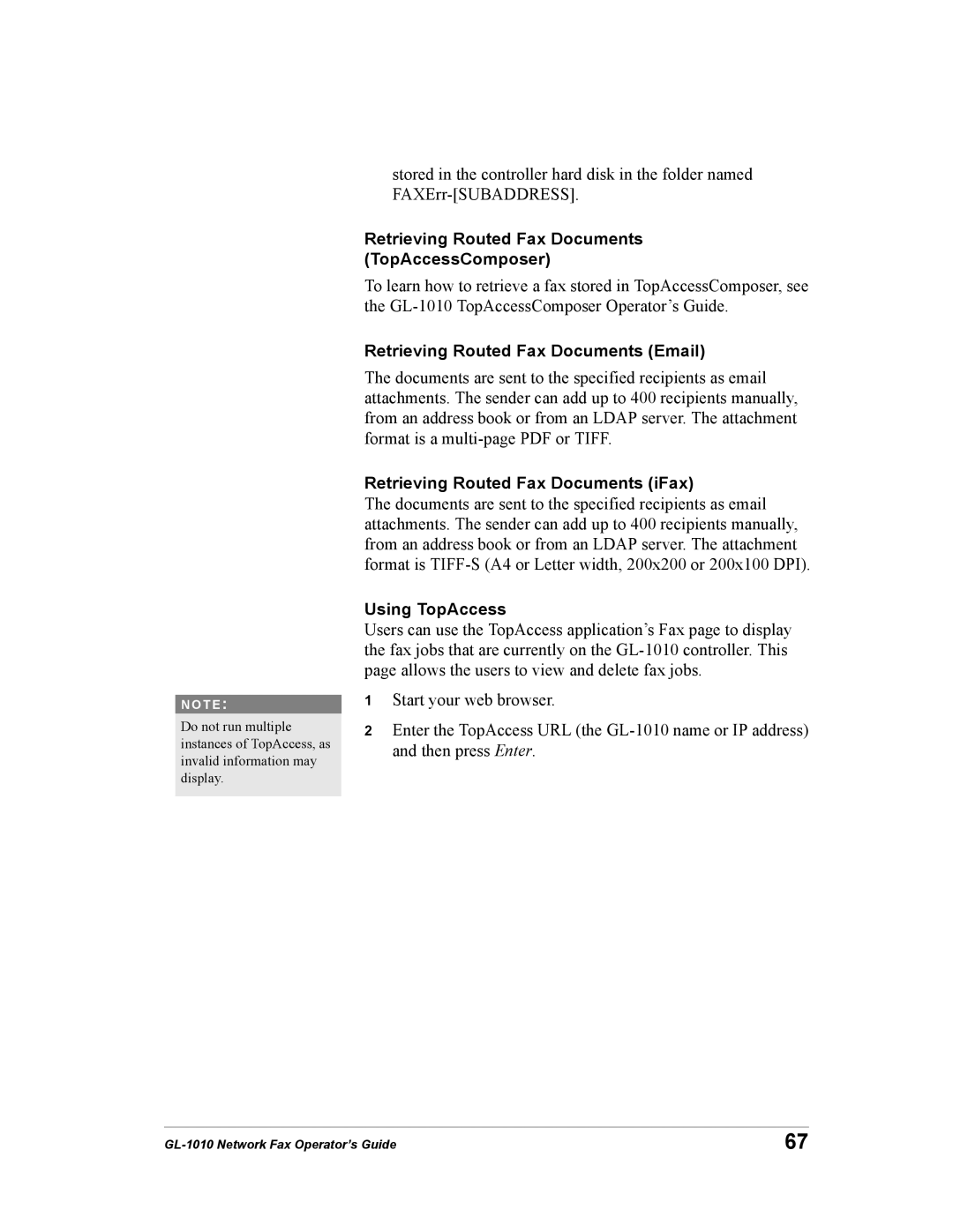 Toshiba GL-1010 manual Retrieving Routed Fax Documents TopAccessComposer, Using TopAccess 