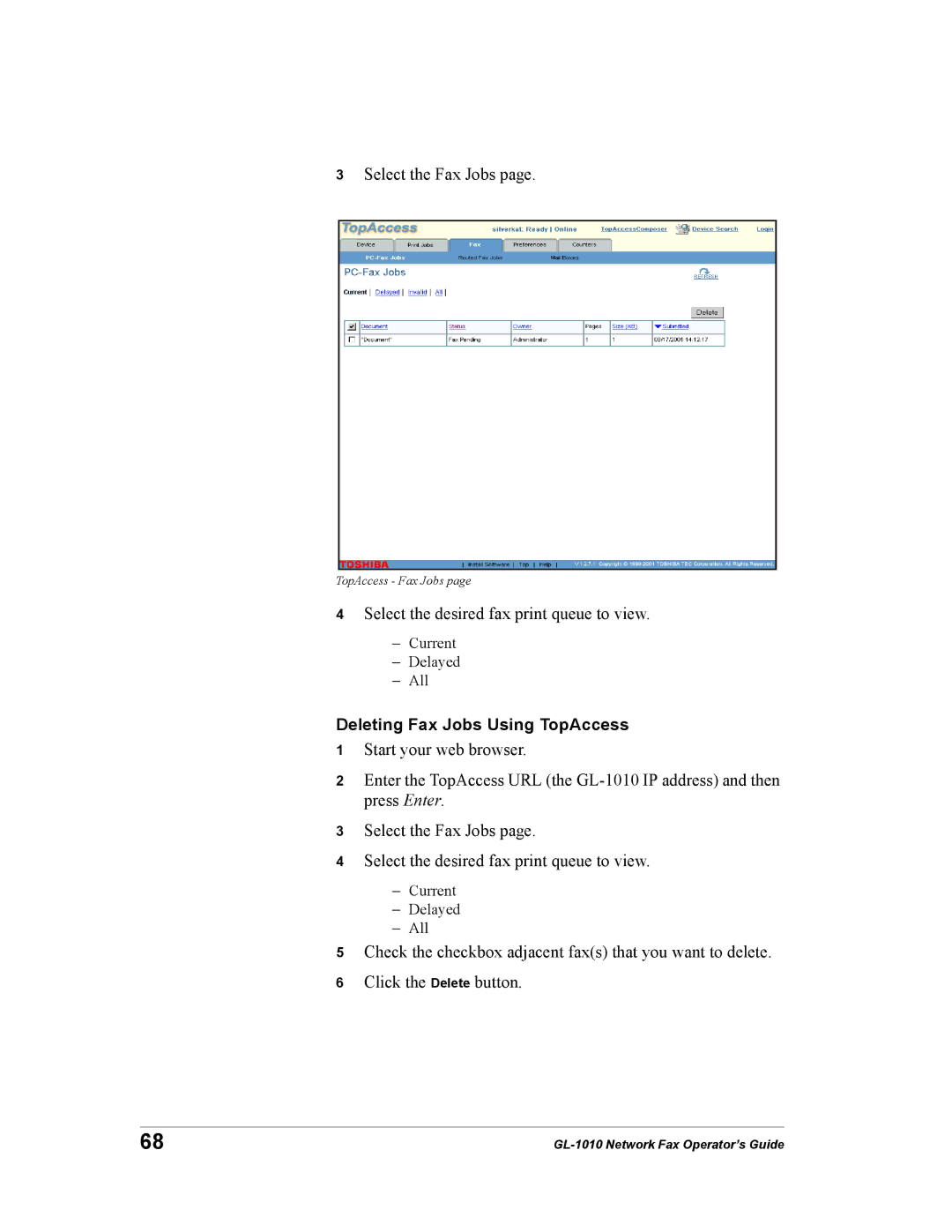 Toshiba GL-1010 manual Deleting Fax Jobs Using TopAccess 