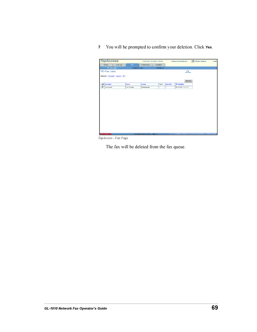 Toshiba GL-1010 manual You will be prompted to confirm your deletion. Click Yes 