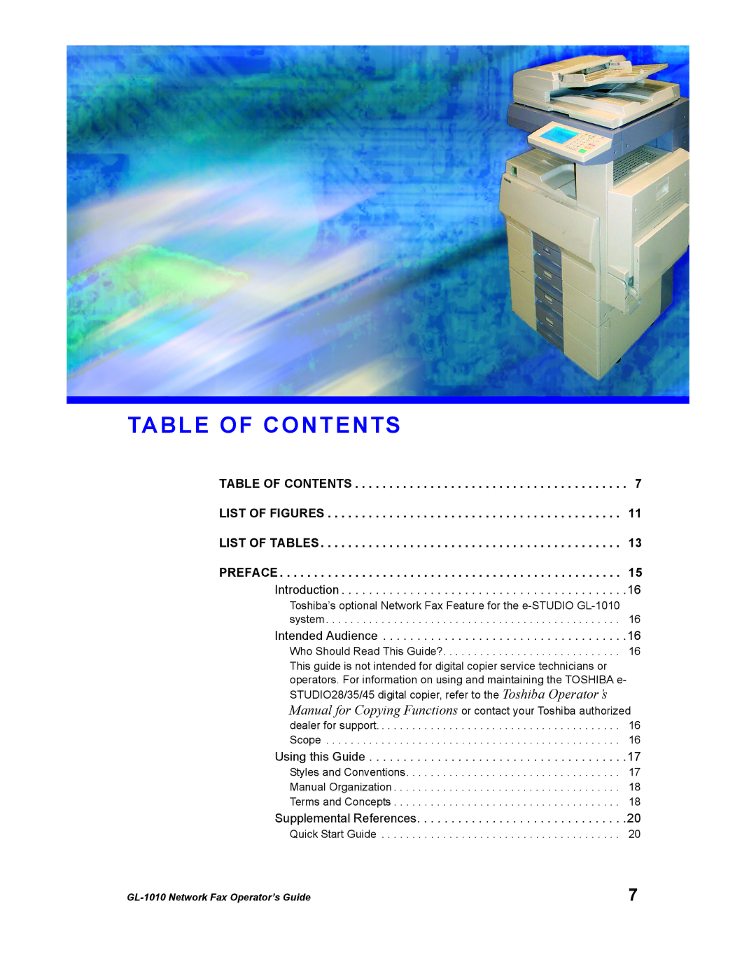 Toshiba GL-1010 manual Table of Contents 