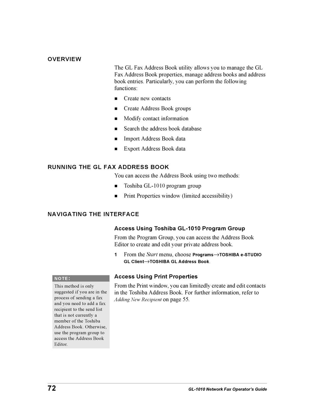 Toshiba manual Running the GL FAX Address Book, Navigating the Interface, Access Using Toshiba GL-1010 Program Group 