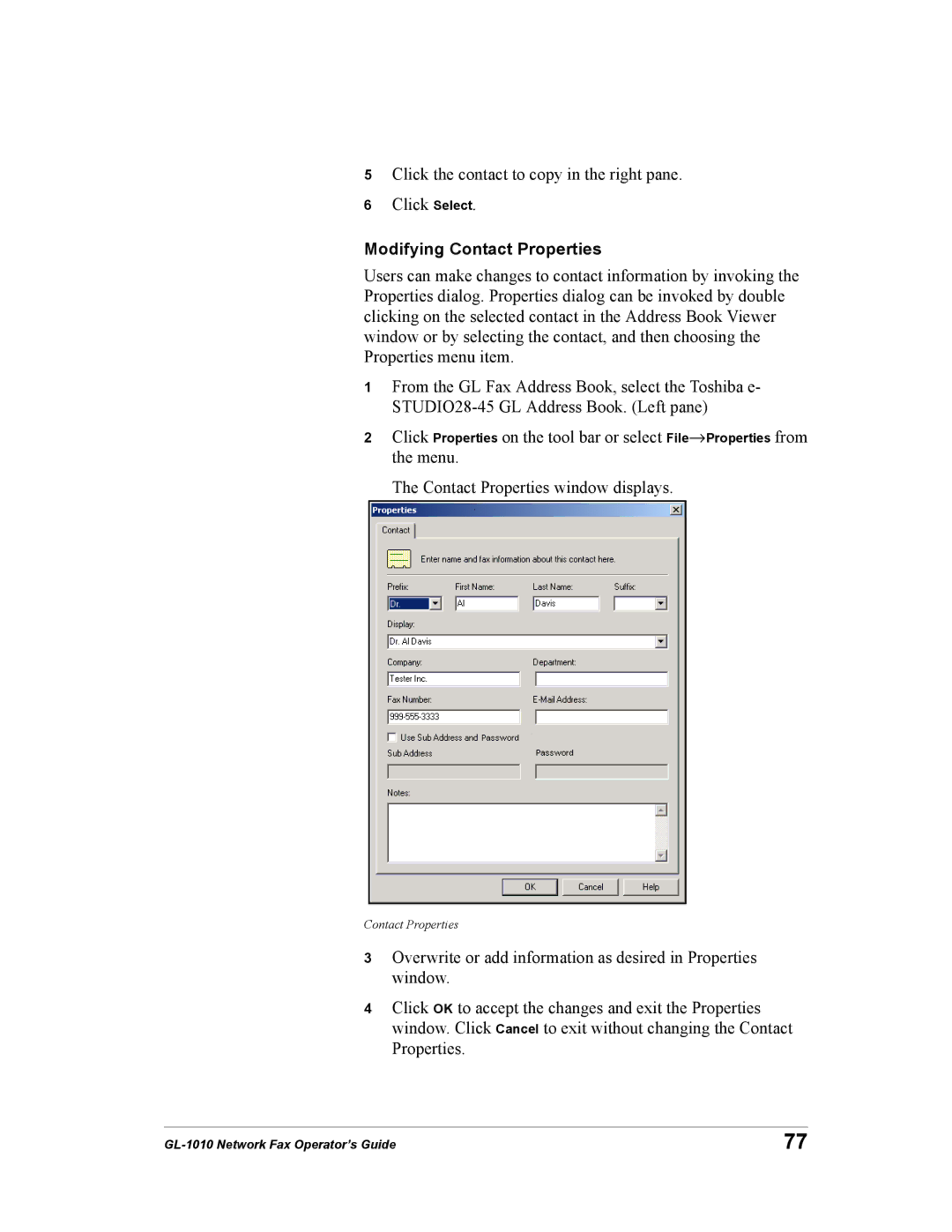 Toshiba GL-1010 manual Modifying Contact Properties 