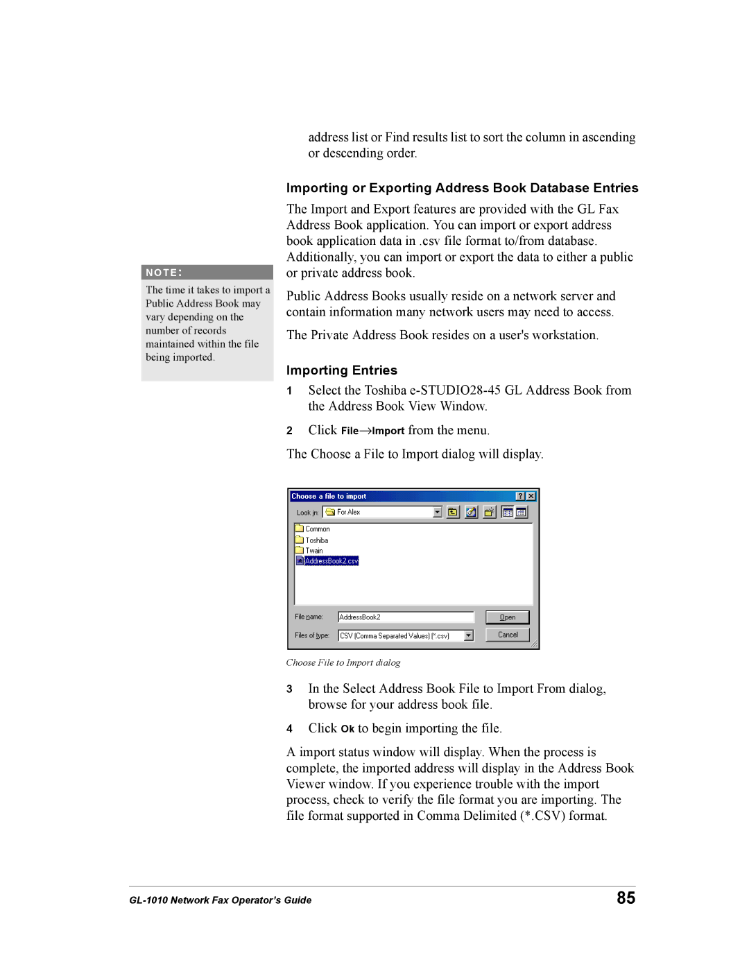 Toshiba GL-1010 manual Importing or Exporting Address Book Database Entries, Importing Entries 