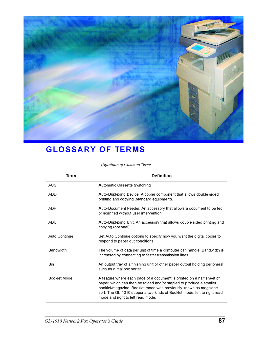 Toshiba GL-1010 manual Glossary of Terms, Add 