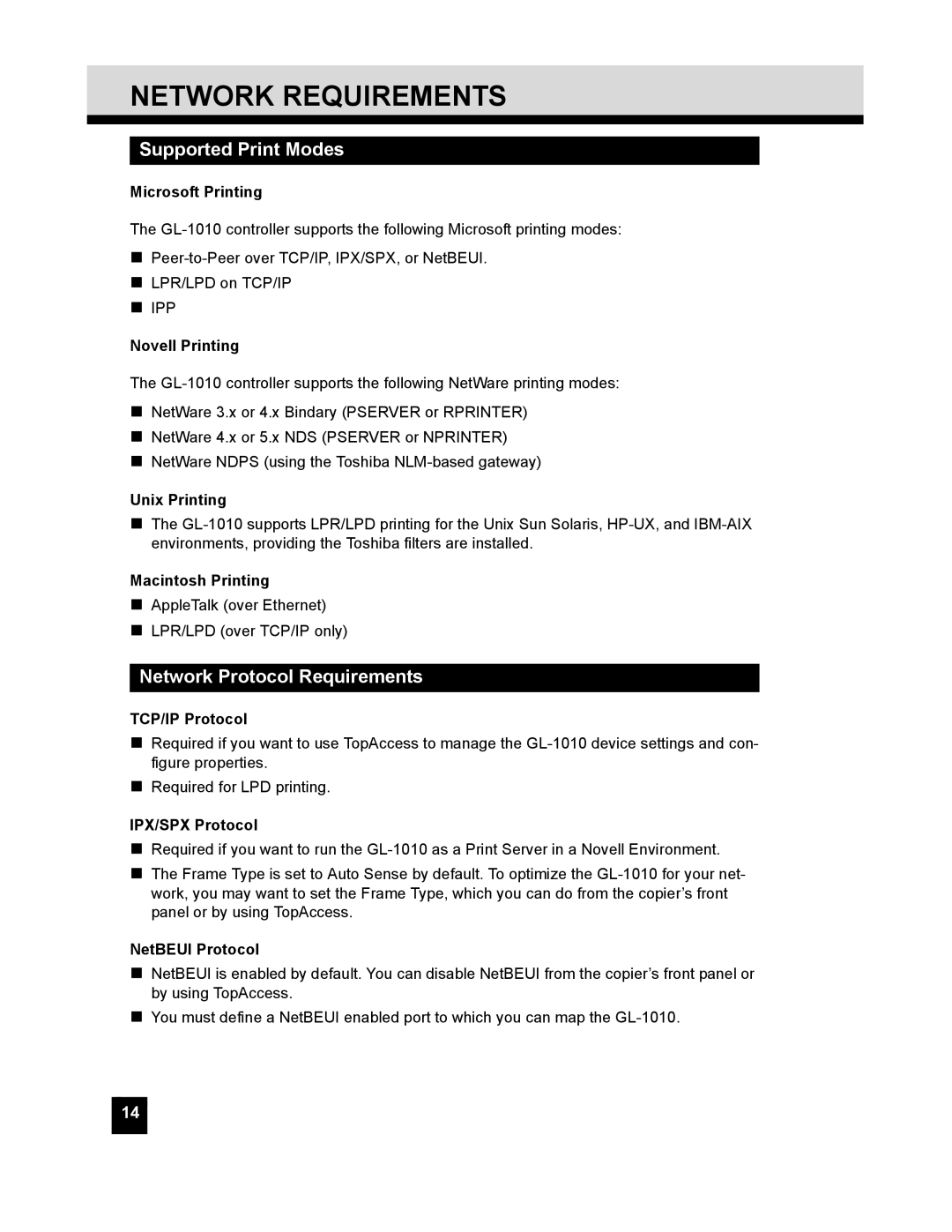 Toshiba GL-1010 quick start Network Requirements, Supported Print Modes, Network Protocol Requirements 