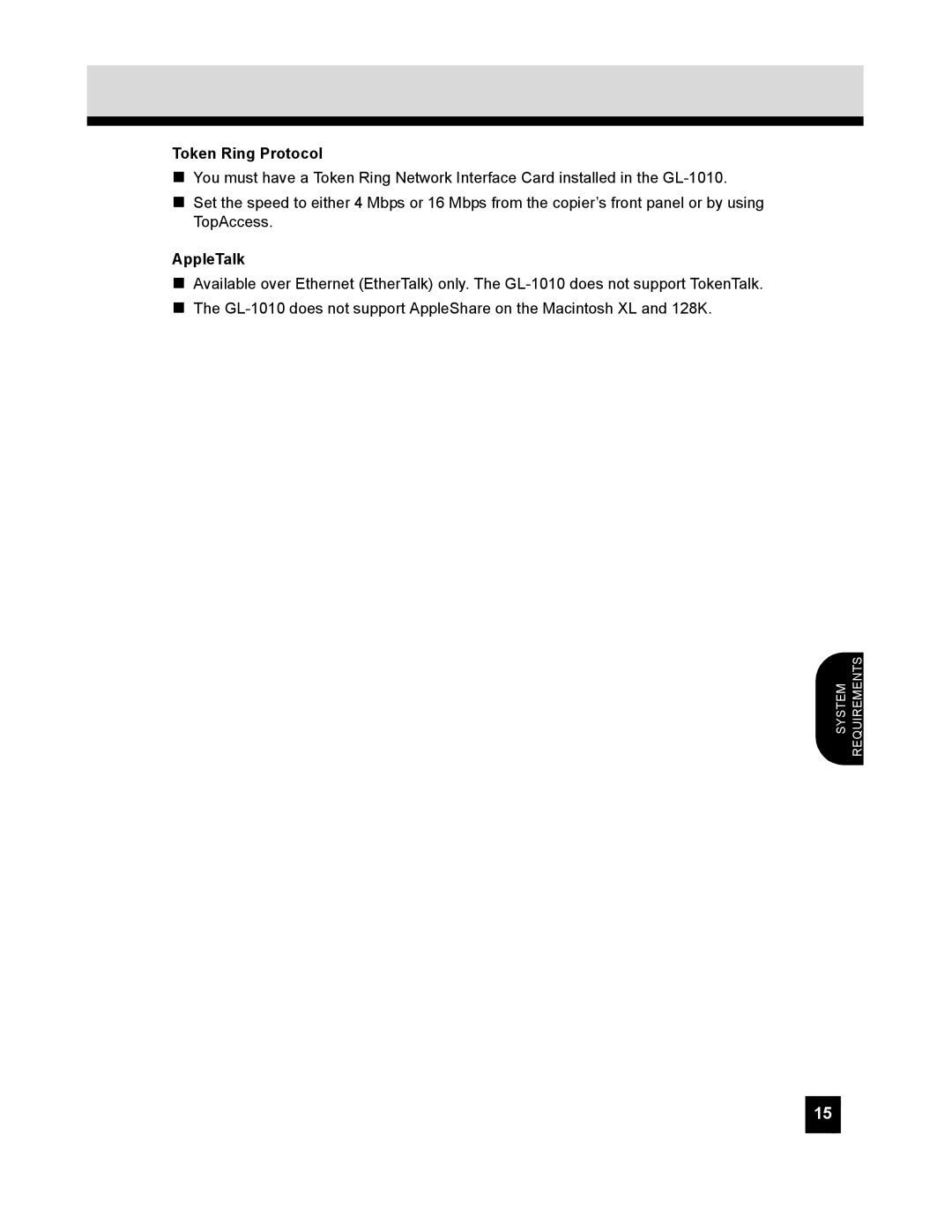 Toshiba GL-1010 quick start Token Ring Protocol, AppleTalk 