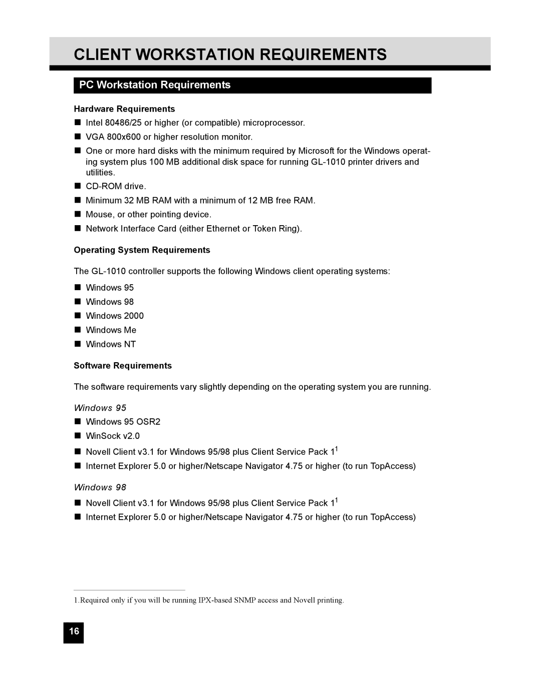 Toshiba GL-1010 Client Workstation Requirements, PC Workstation Requirements, Hardware Requirements, Software Requirements 