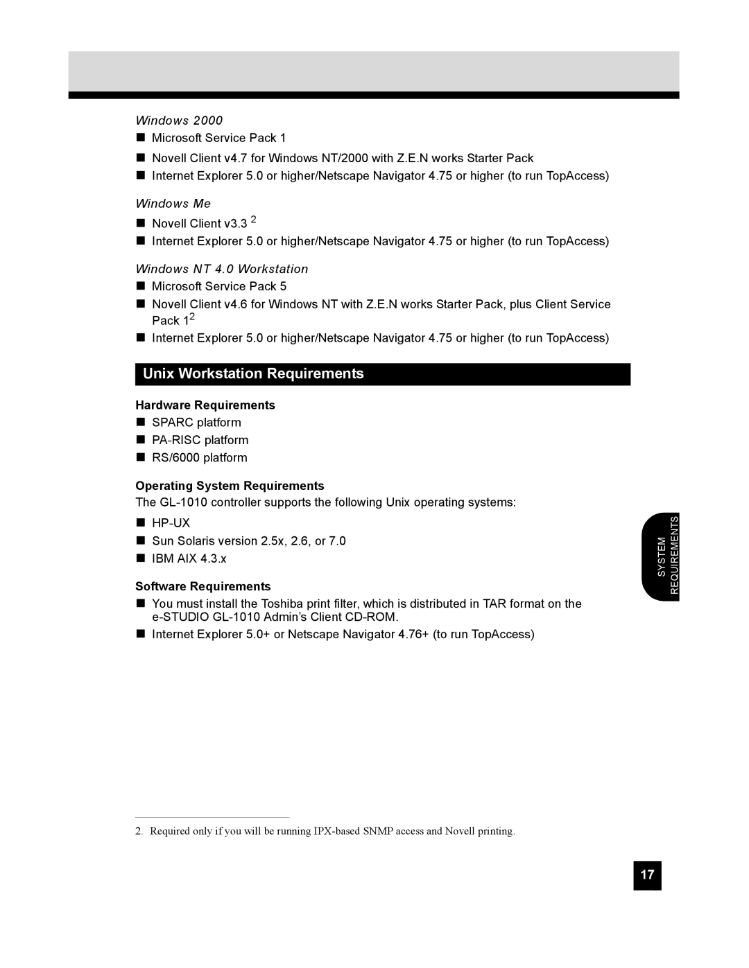 Toshiba GL-1010 quick start Unix Workstation Requirements, Windows Me 