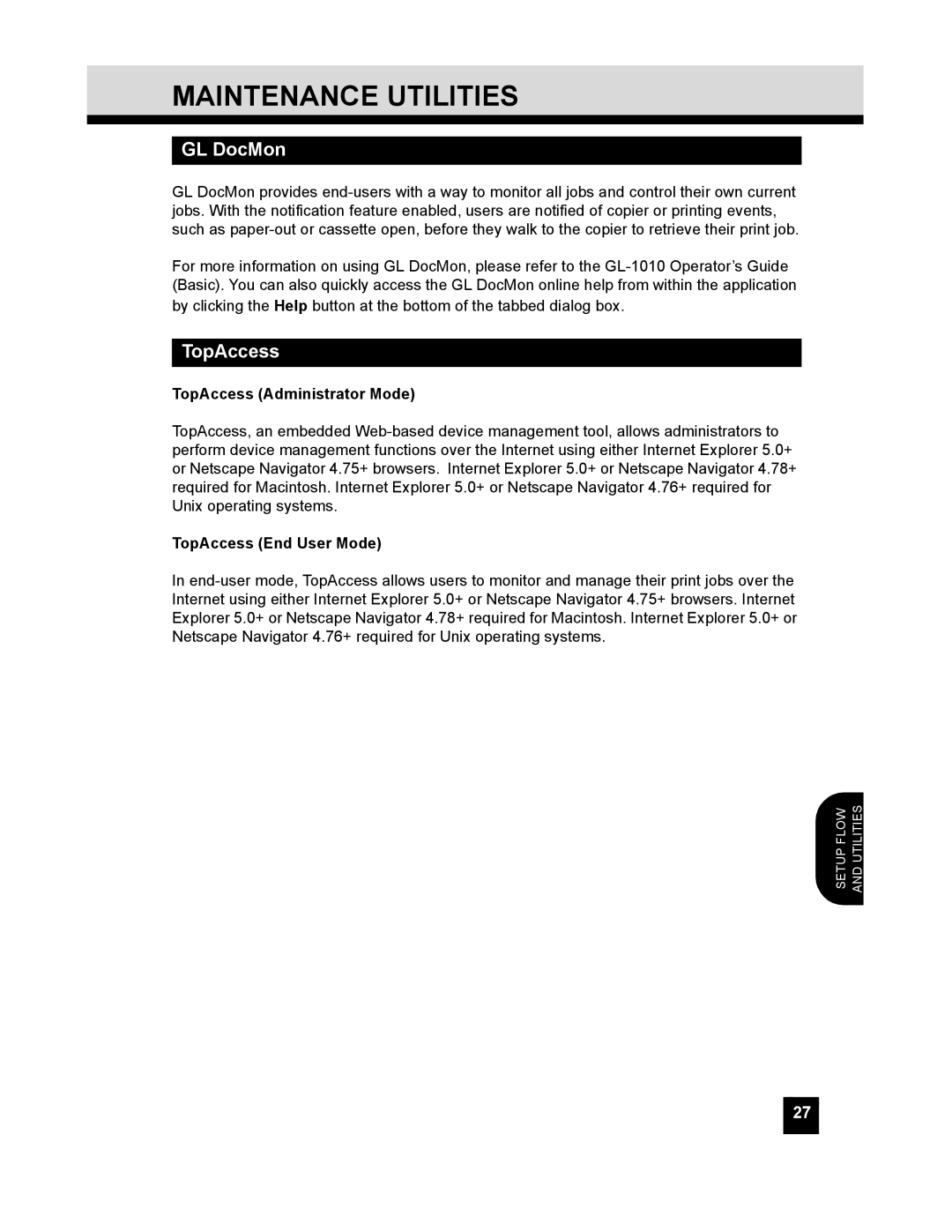 Toshiba GL-1010 quick start Maintenance Utilities, GL DocMon, TopAccess Administrator Mode, TopAccess End User Mode 