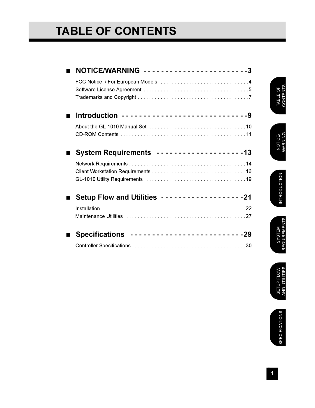 Toshiba GL-1010 quick start Table of Contents 