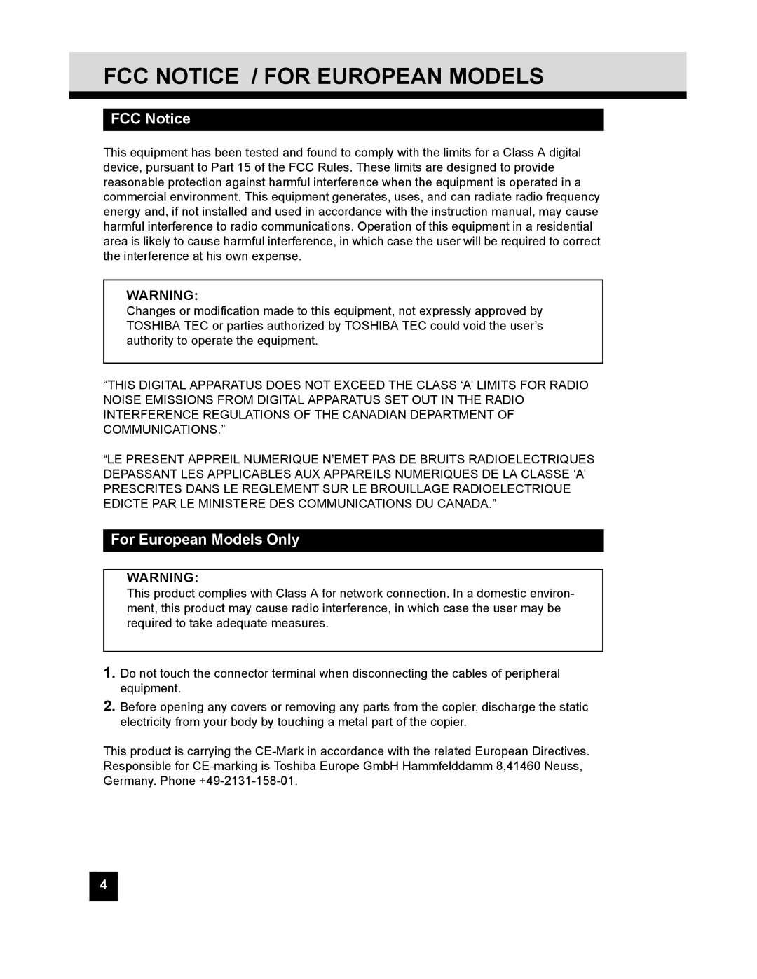 Toshiba GL-1010 quick start FCC Notice / for European Models, For European Models Only 