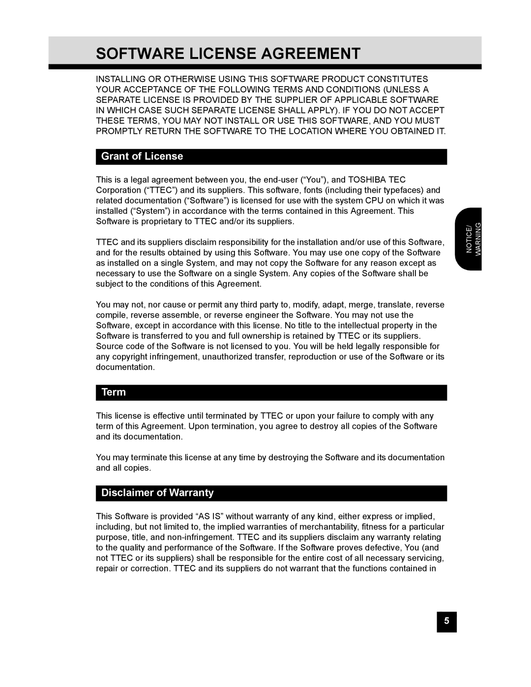 Toshiba GL-1010 quick start Software License Agreement, Grant of License, Term, Disclaimer of Warranty 