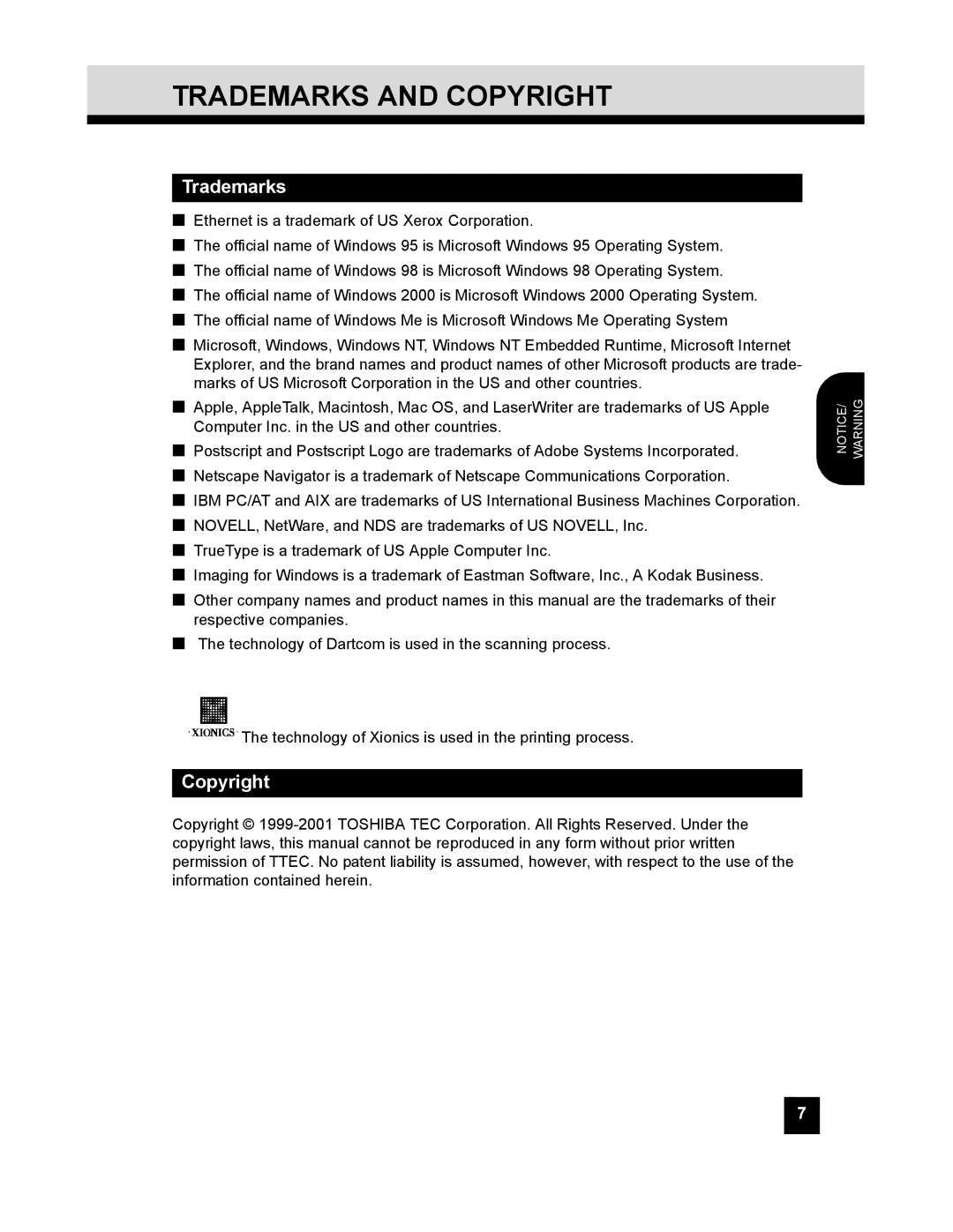 Toshiba GL-1010 quick start Trademarks and Copyright 