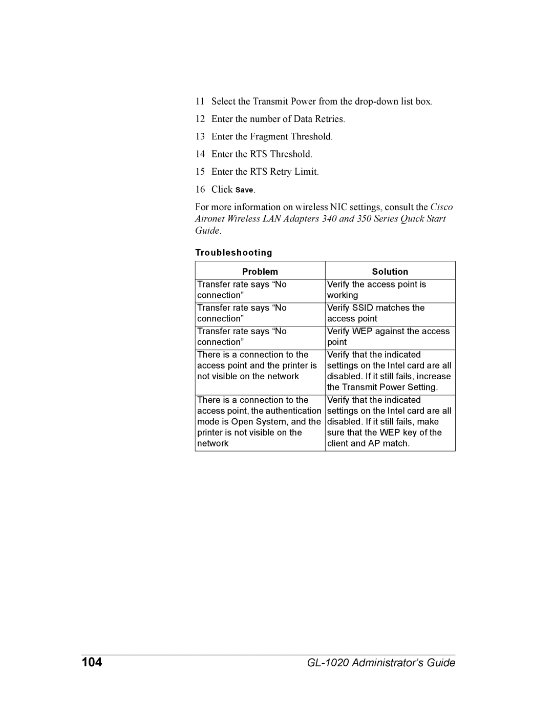 Toshiba GL-1020 manual 104, Troubleshooting Problem Solution 