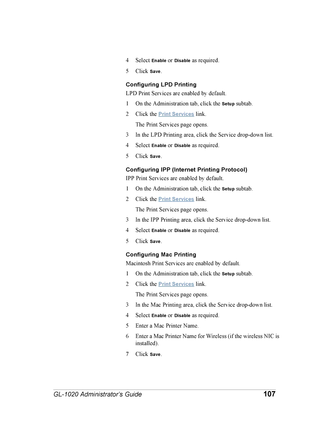 Toshiba GL-1020 manual 107, Configuring LPD Printing, Configuring IPP Internet Printing Protocol, Configuring Mac Printing 