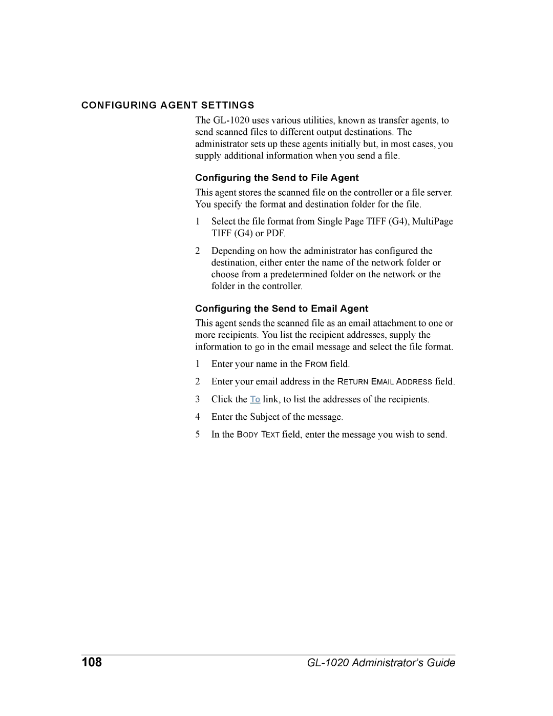 Toshiba GL-1020 108, Configuring Agent Settings, Configuring the Send to File Agent, Configuring the Send to Email Agent 