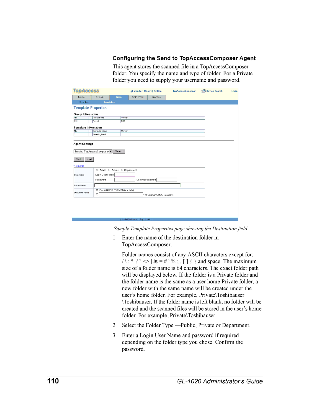 Toshiba GL-1020 manual 110, Configuring the Send to TopAccessComposer Agent 