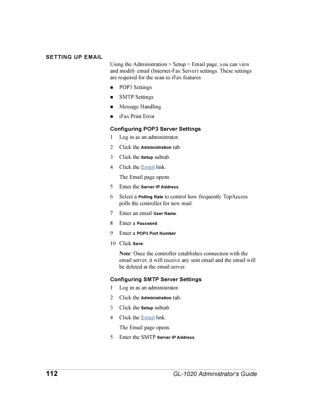 Toshiba GL-1020 manual 112, Setting UP Email, Configuring POP3 Server Settings, Configuring Smtp Server Settings 