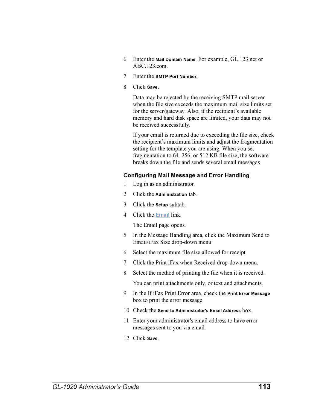 Toshiba GL-1020 manual 113, Configuring Mail Message and Error Handling 