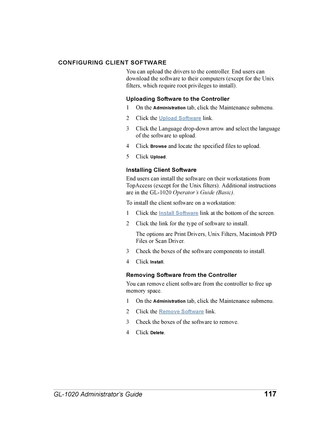 Toshiba GL-1020 manual 117, Configuring Client Software, Uploading Software to the Controller, Installing Client Software 