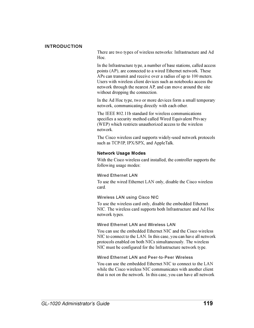 Toshiba GL-1020 manual 119, Network Usage Modes 