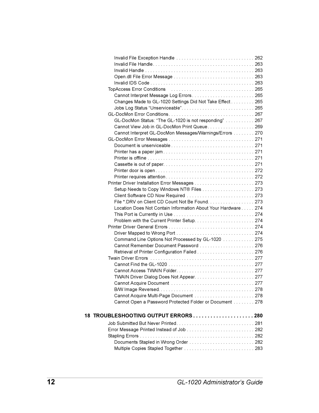 Toshiba GL-1020 manual Troubleshooting Output Errors 