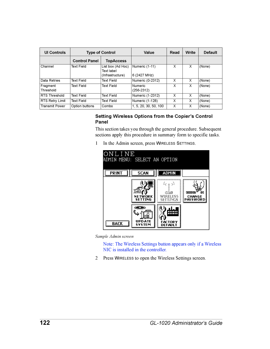 Toshiba GL-1020 manual 122, Setting Wireless Options from the Copier’s Control Panel 