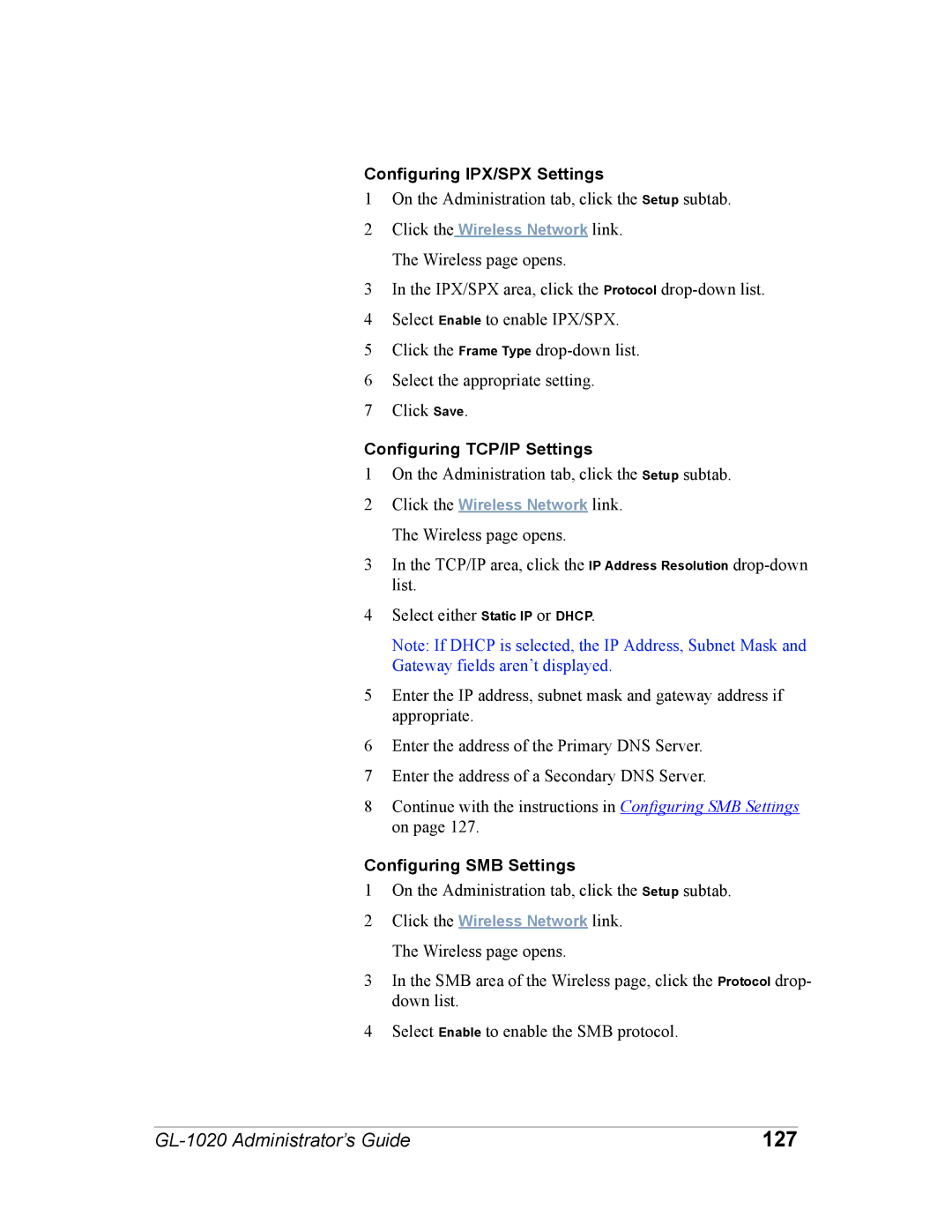 Toshiba GL-1020 manual 127, Configuring IPX/SPX Settings 