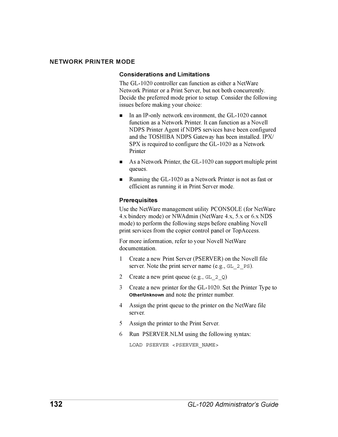 Toshiba GL-1020 manual 132, Network Printer Mode, Considerations and Limitations, Prerequisites 