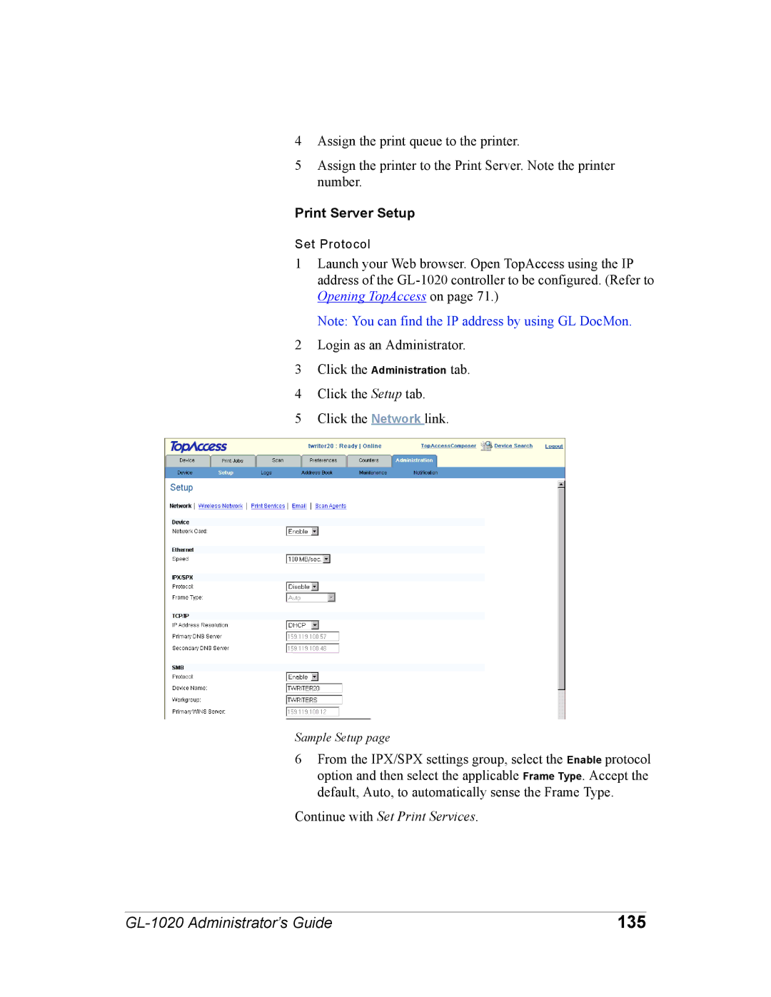 Toshiba GL-1020 manual 135, Print Server Setup 