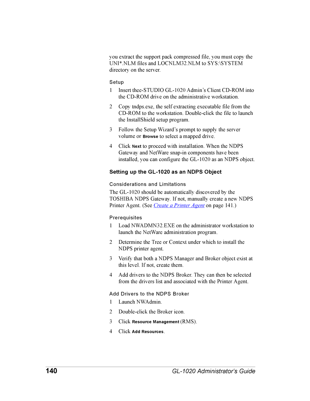 Toshiba manual 140, Setting up the GL-1020 as an Ndps Object 