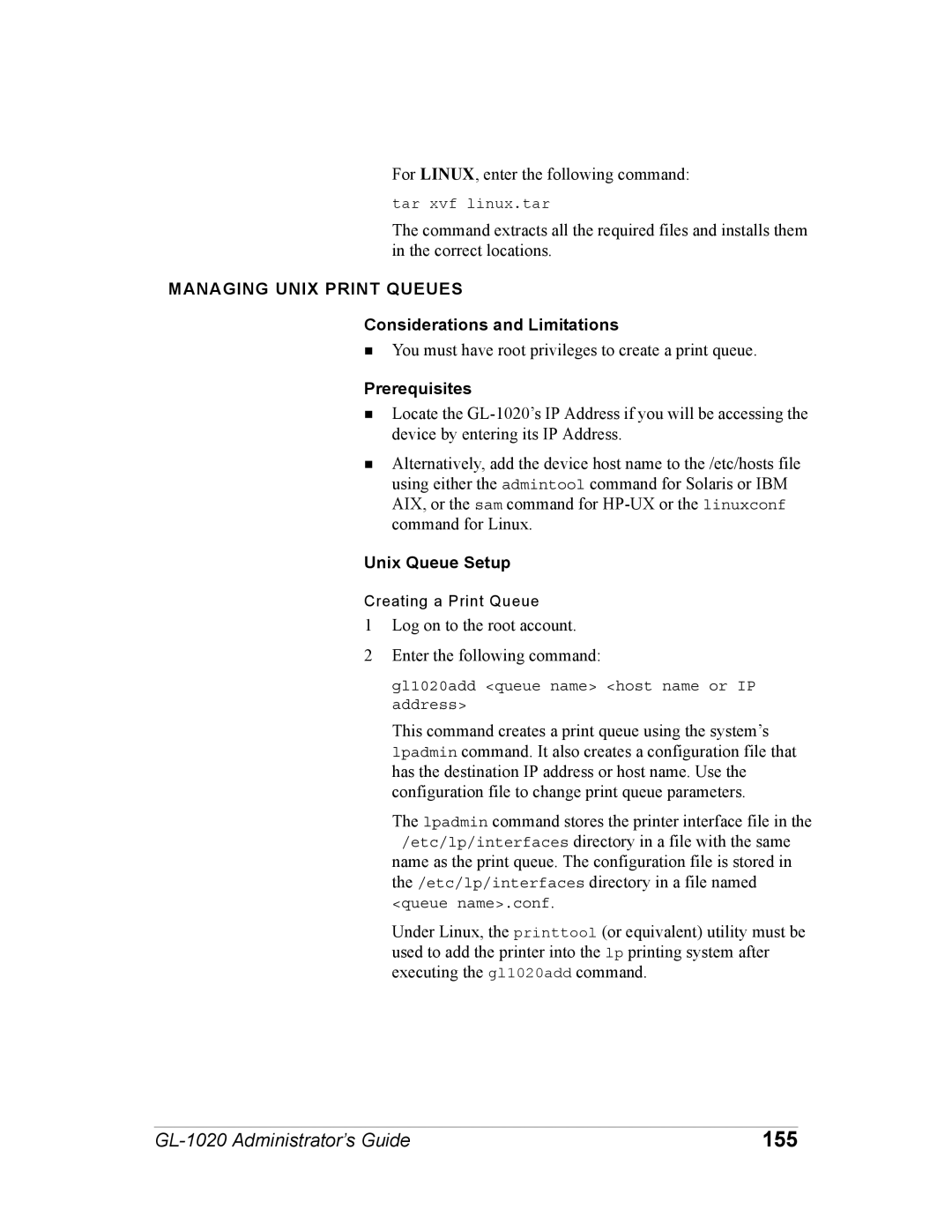 Toshiba GL-1020 manual 155, Managing Unix Print Queues, Unix Queue Setup 