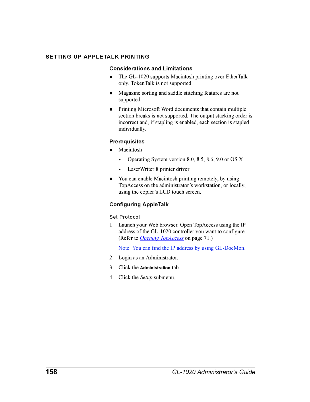 Toshiba GL-1020 manual 158, Setting UP Appletalk Printing, Configuring AppleTalk 