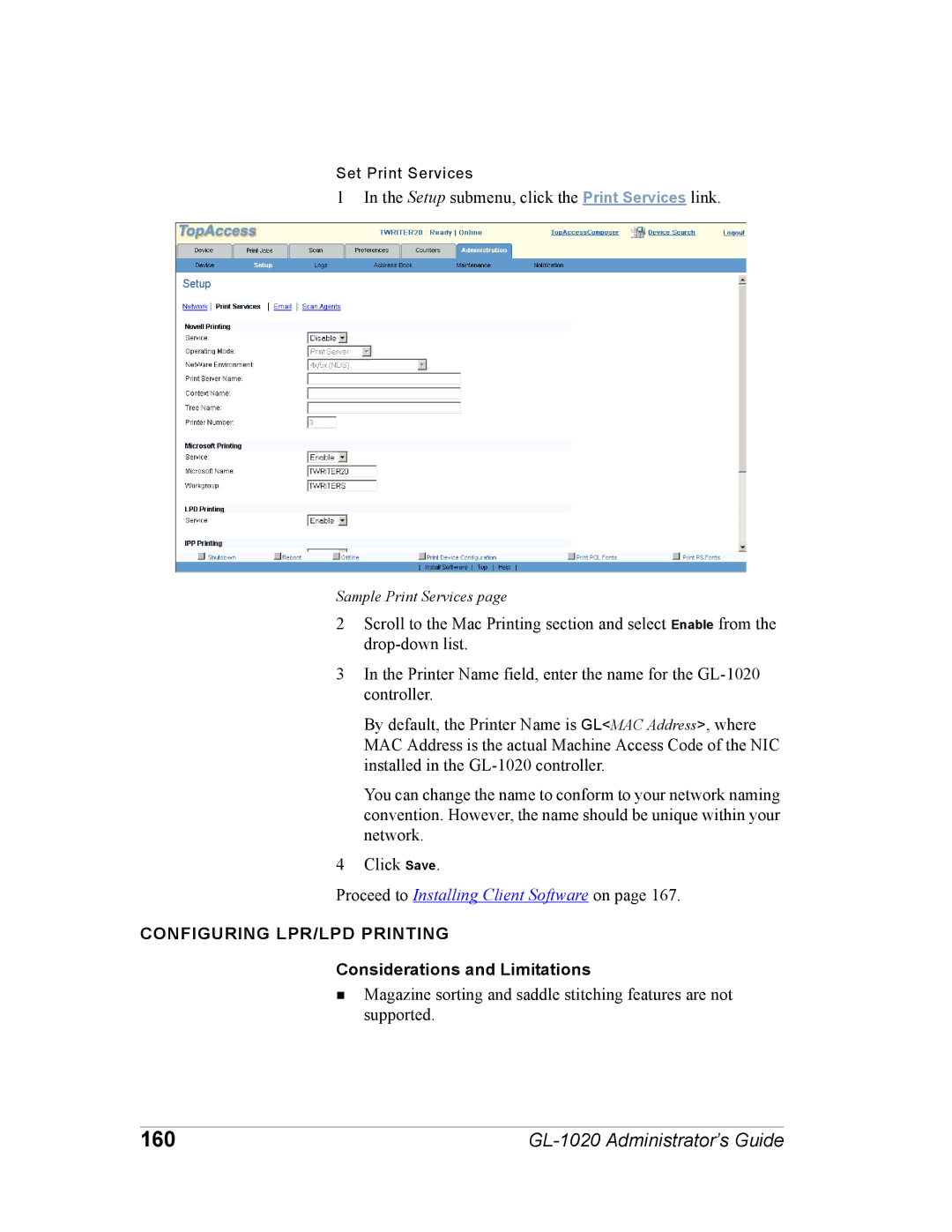 Toshiba GL-1020 manual 160, Configuring LPR/LPD Printing 