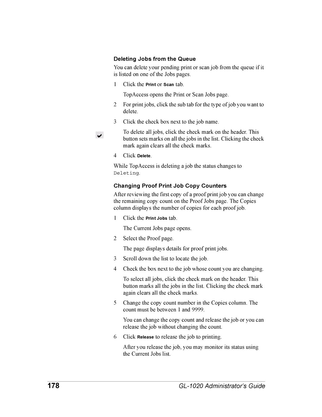 Toshiba GL-1020 manual 178, Deleting Jobs from the Queue, Changing Proof Print Job Copy Counters 