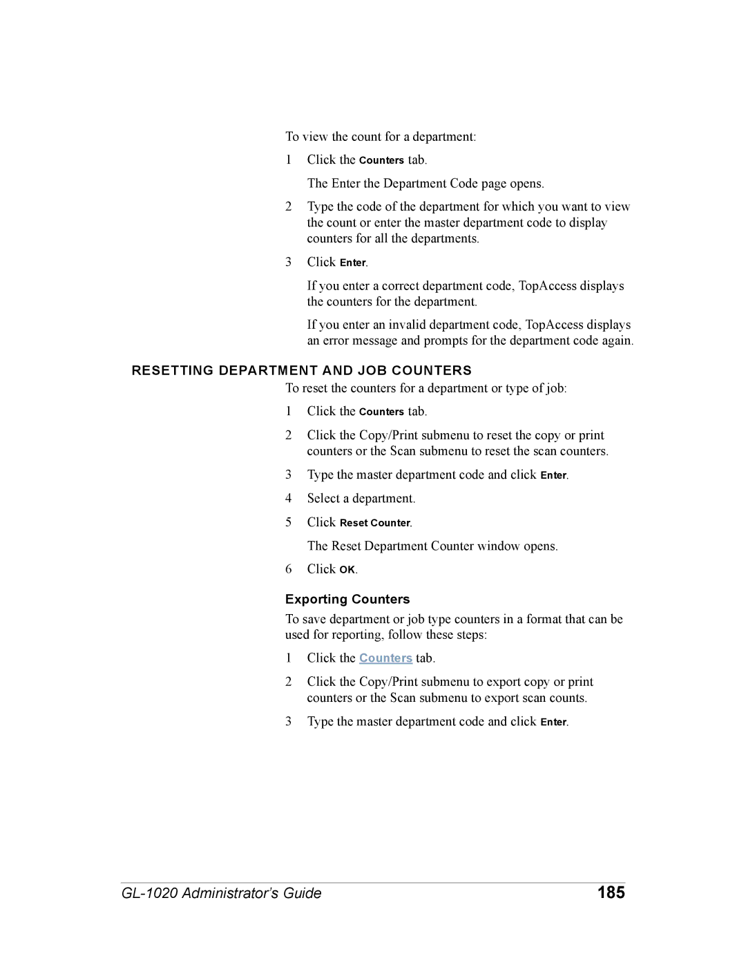 Toshiba GL-1020 manual 185, Resetting Department and JOB Counters, Exporting Counters 