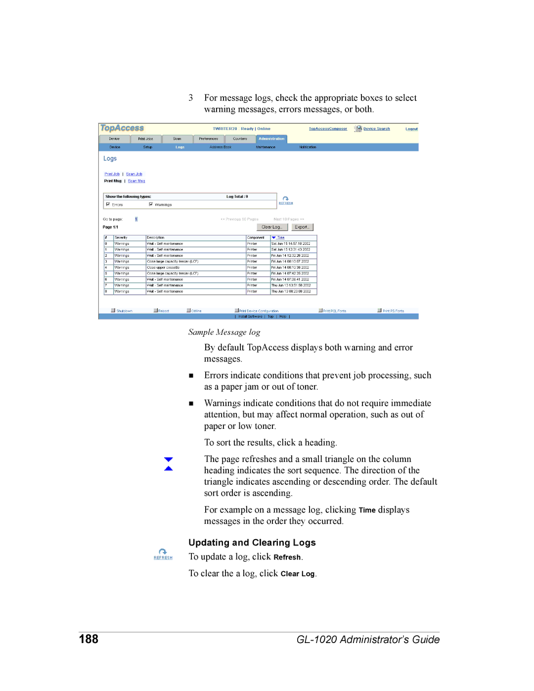 Toshiba GL-1020 manual 188, Updating and Clearing Logs 