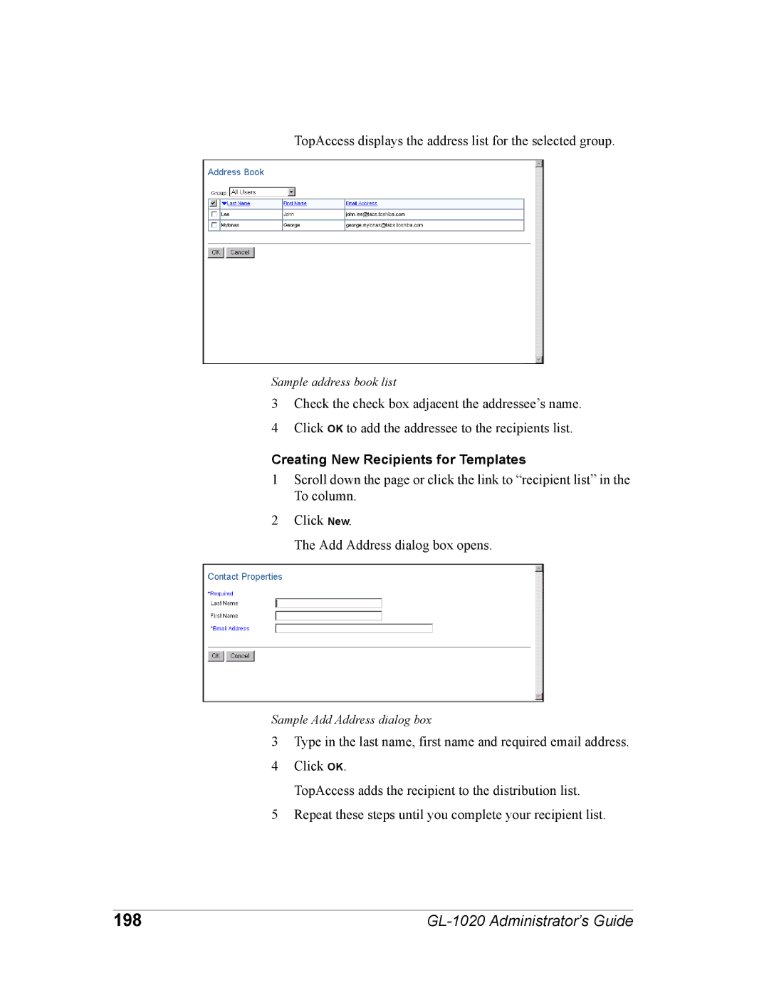 Toshiba GL-1020 manual 198, Creating New Recipients for Templates 