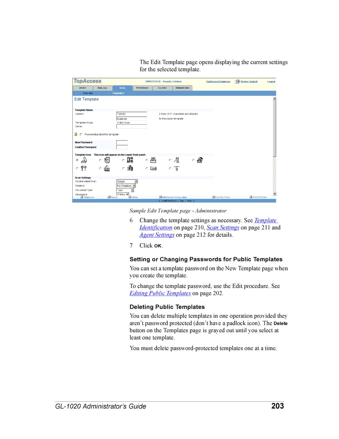 Toshiba GL-1020 manual 203, Setting or Changing Passwords for Public Templates, Deleting Public Templates 