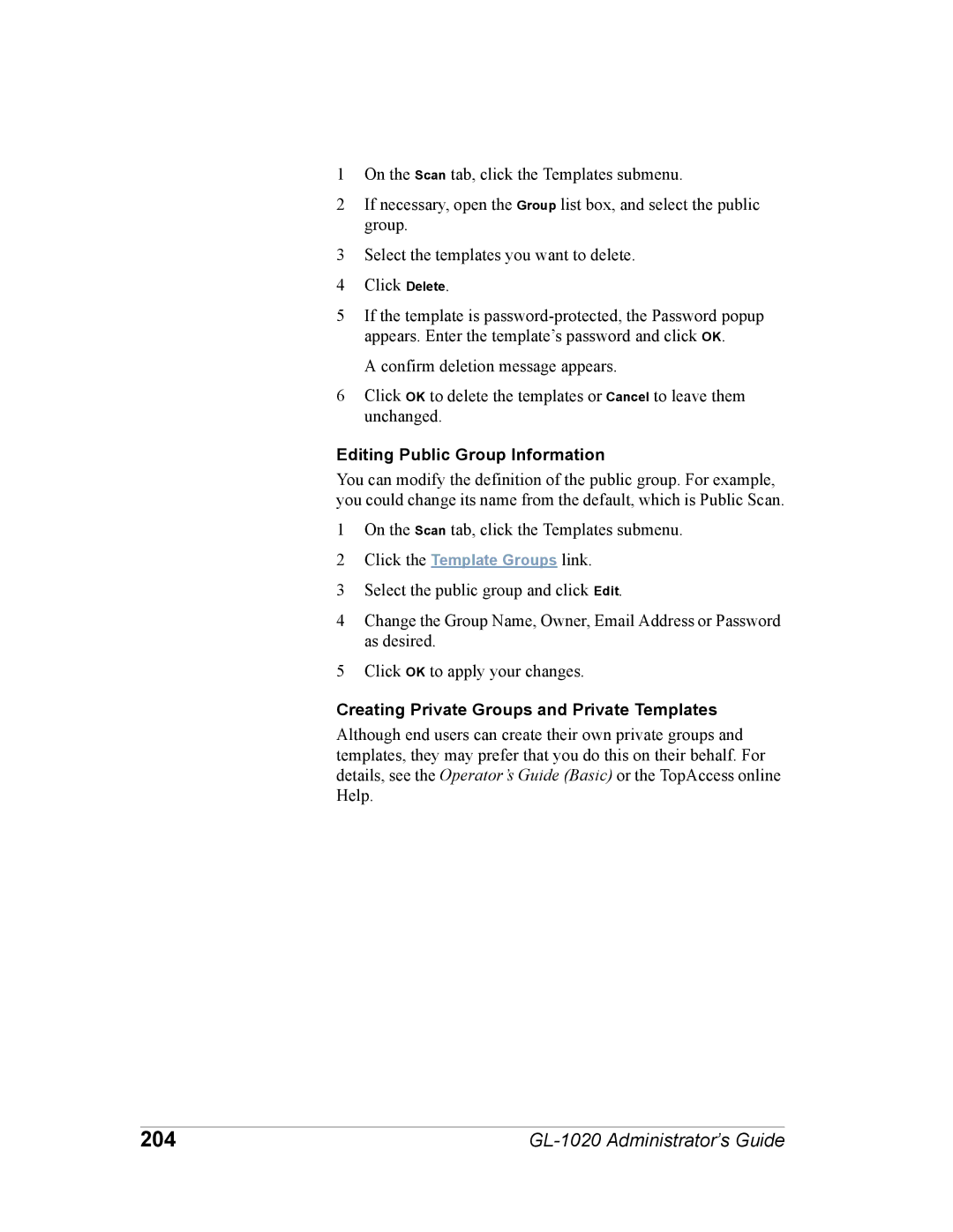 Toshiba GL-1020 manual 204, Editing Public Group Information, Creating Private Groups and Private Templates 