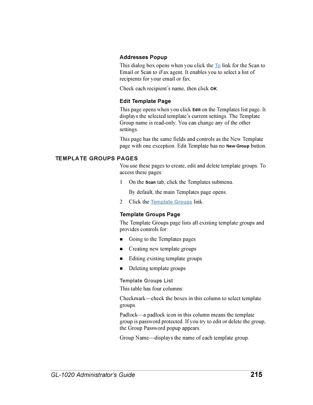 Toshiba GL-1020 manual 215, Addresses Popup, Edit Template, Template Groups Pages 
