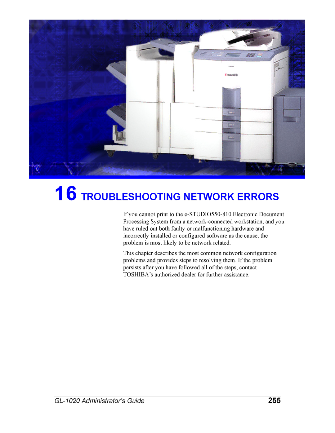 Toshiba GL-1020 manual Troubleshooting Network Errors, 255 