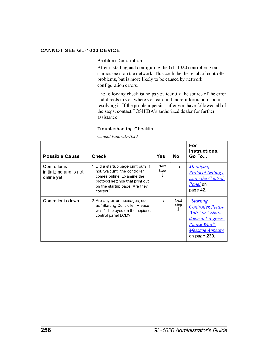 Toshiba manual 256, Cannot see GL-1020 Device 