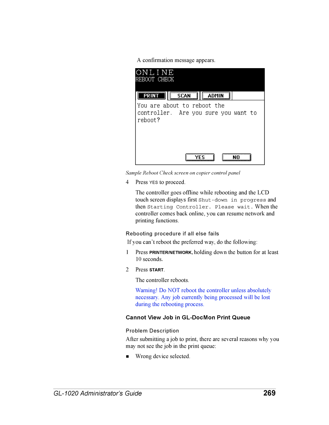 Toshiba GL-1020 manual 269, Cannot View Job in GL-DocMon Print Queue 