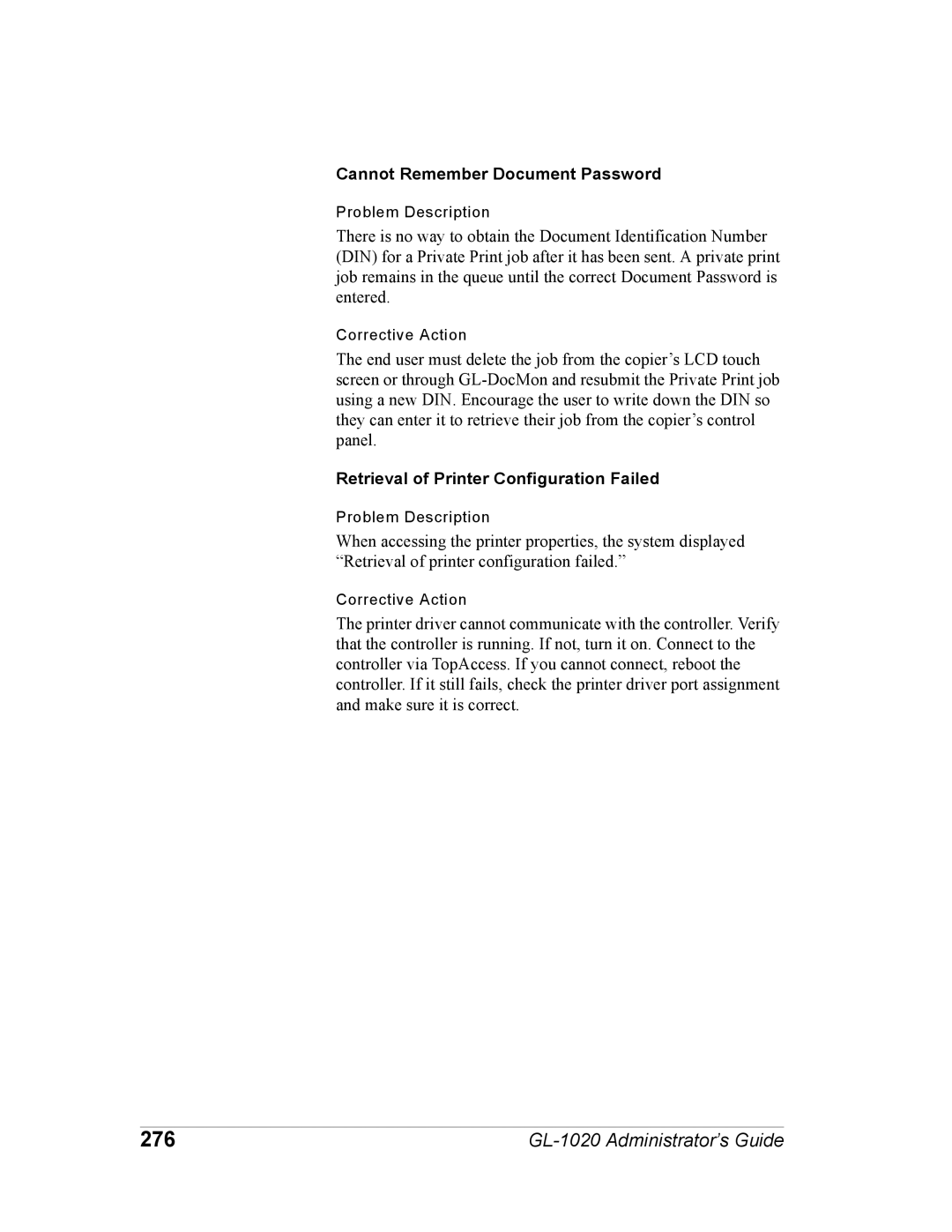 Toshiba GL-1020 manual 276, Cannot Remember Document Password, Retrieval of Printer Configuration Failed 